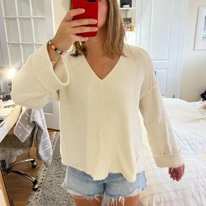 Free People, ivory knit v-neck with wide sleeves, M